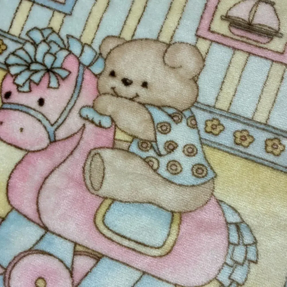 Casa Imports Baby Blanket Acrylic Plush Blue Pastel Bear Rocking Horse Spain VTG